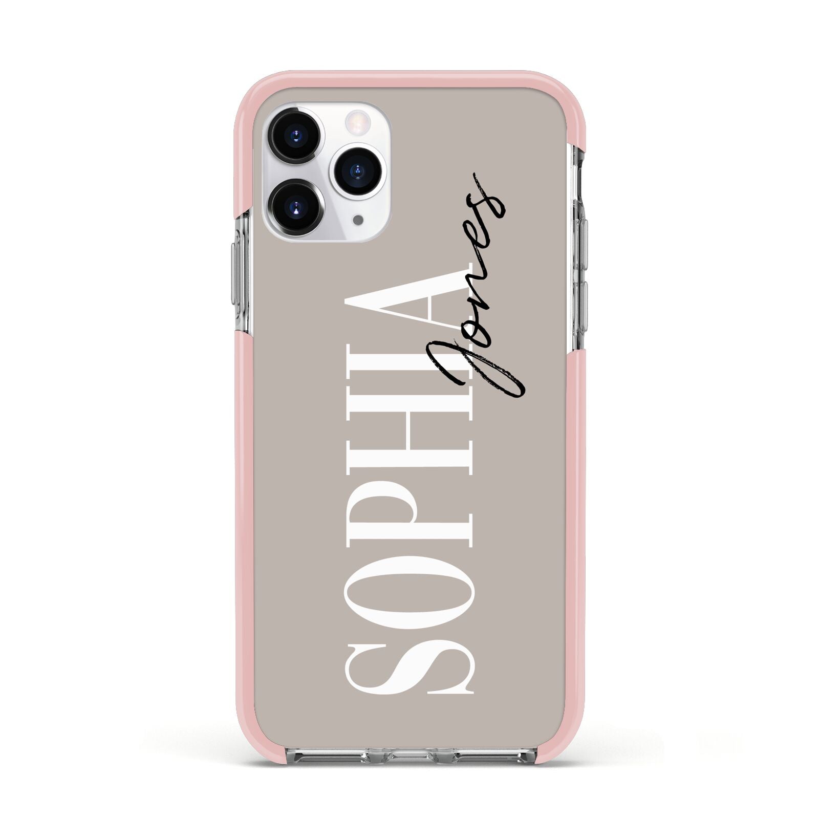 Stone Colour with Personalised Name Apple iPhone 11 Pro in Silver with Pink Impact Case