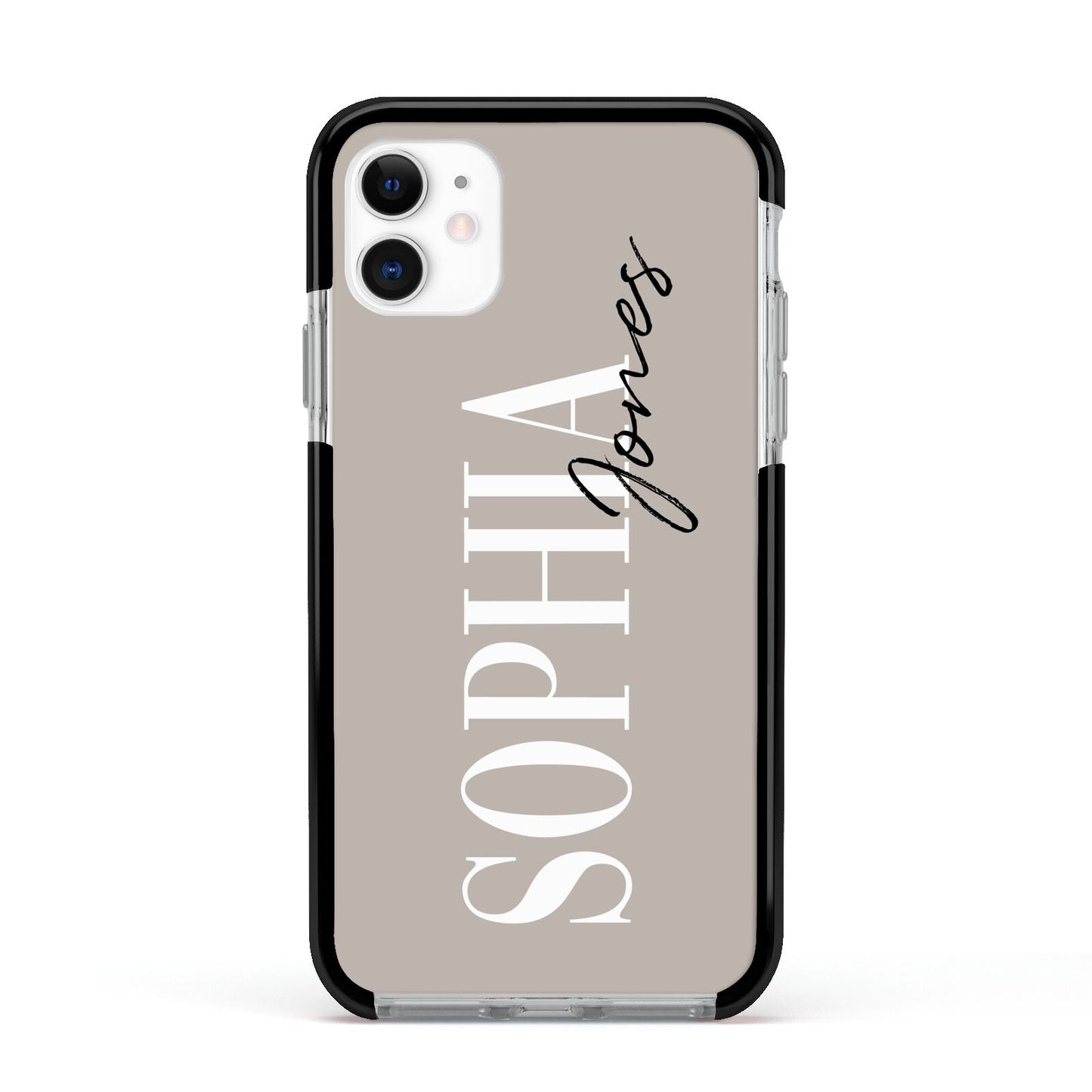 Stone Colour with Personalised Name Apple iPhone 11 in White with Black Impact Case