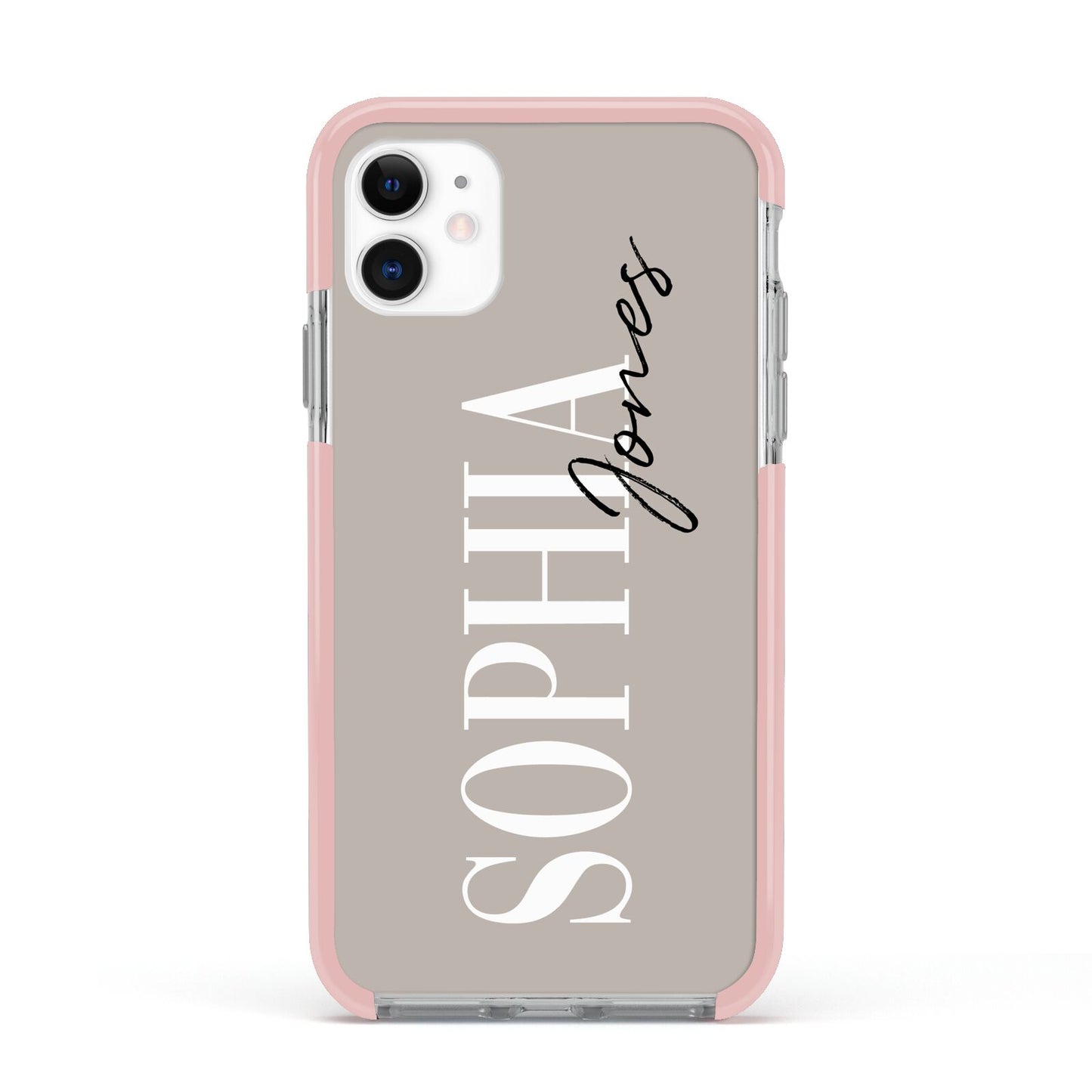 Stone Colour with Personalised Name Apple iPhone 11 in White with Pink Impact Case