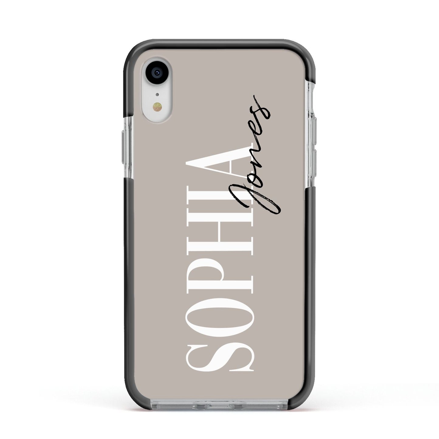 Stone Colour with Personalised Name Apple iPhone XR Impact Case Black Edge on Silver Phone