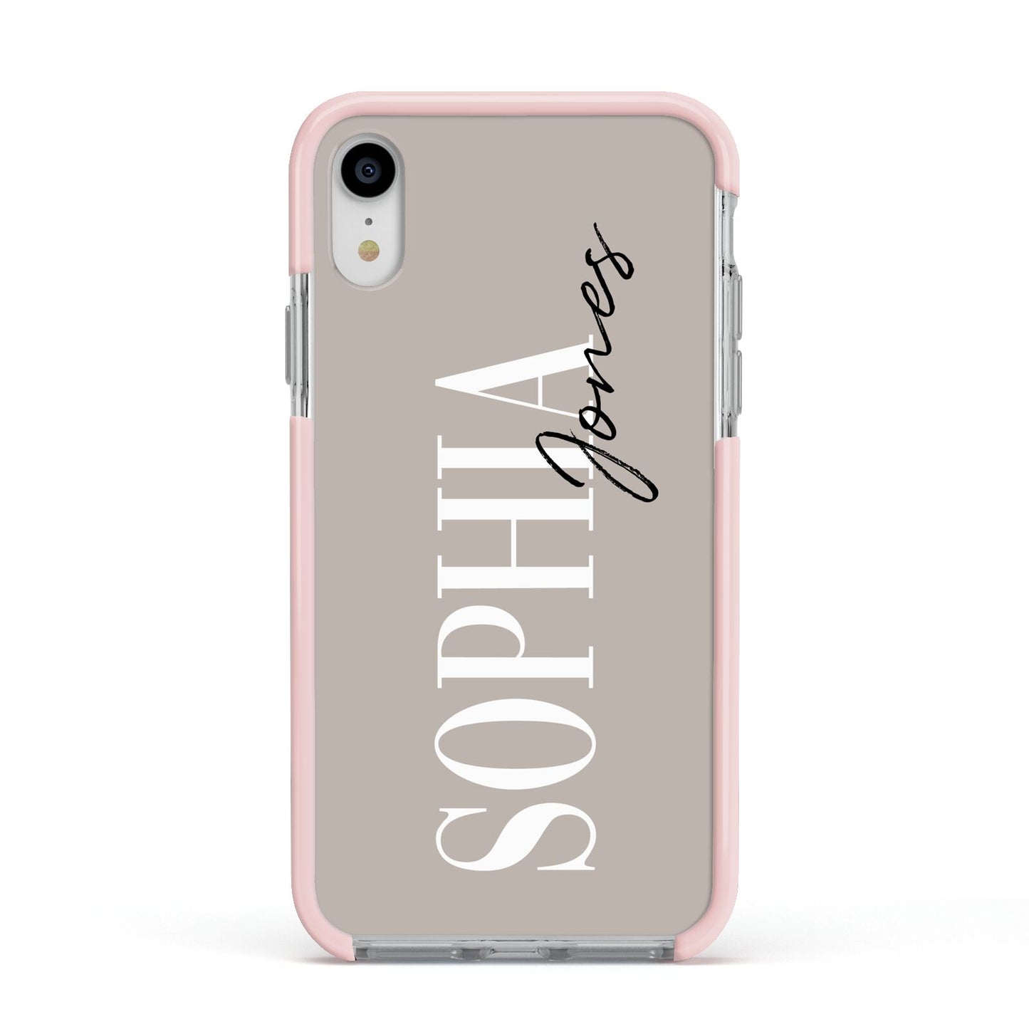 Stone Colour with Personalised Name Apple iPhone XR Impact Case Pink Edge on Silver Phone