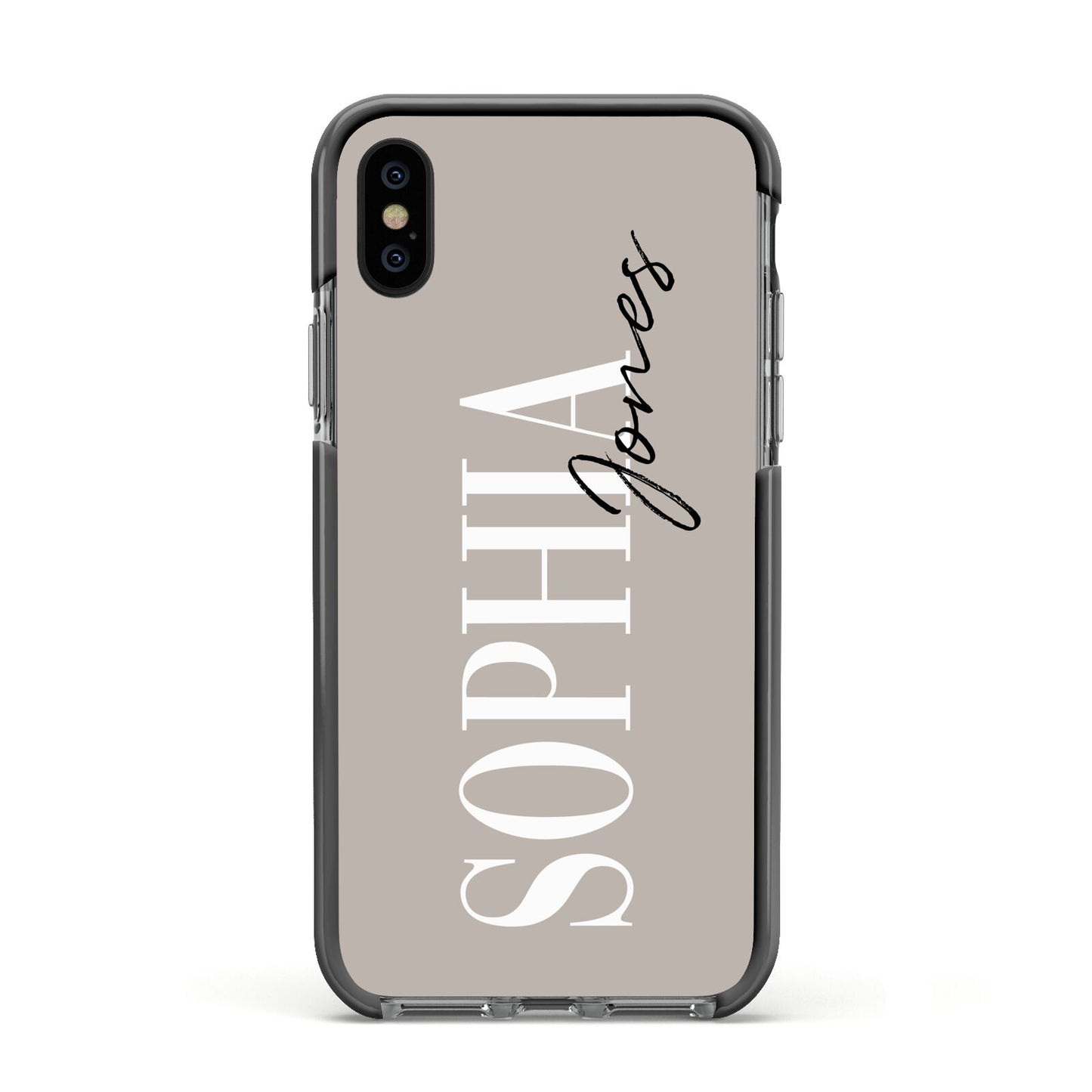 Stone Colour with Personalised Name Apple iPhone Xs Impact Case Black Edge on Black Phone