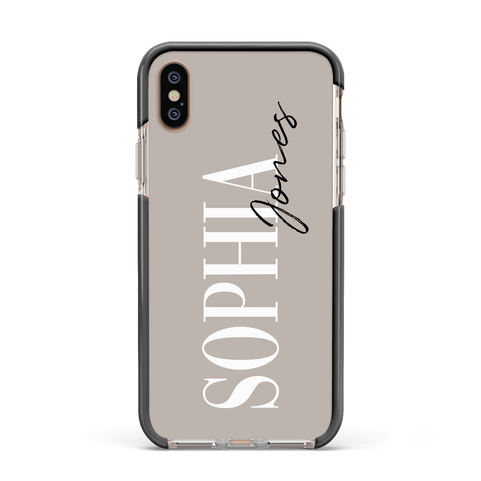 Stone Colour with Personalised Name Apple iPhone Xs Impact Case Black Edge on Gold Phone