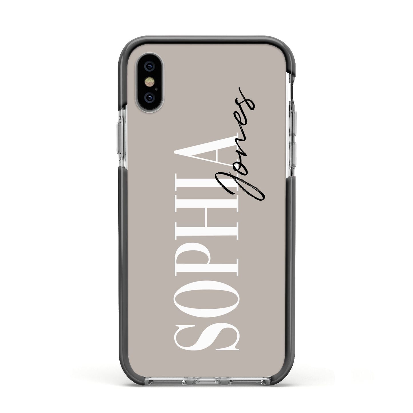 Stone Colour with Personalised Name Apple iPhone Xs Impact Case Black Edge on Silver Phone