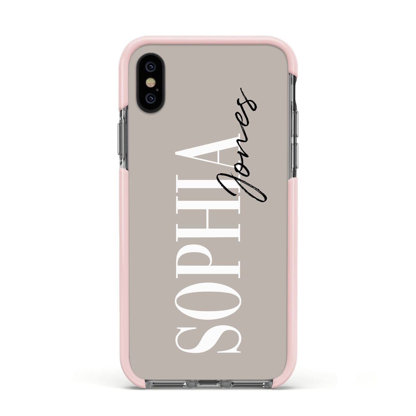 Stone Colour with Personalised Name Apple iPhone Xs Impact Case Pink Edge on Black Phone