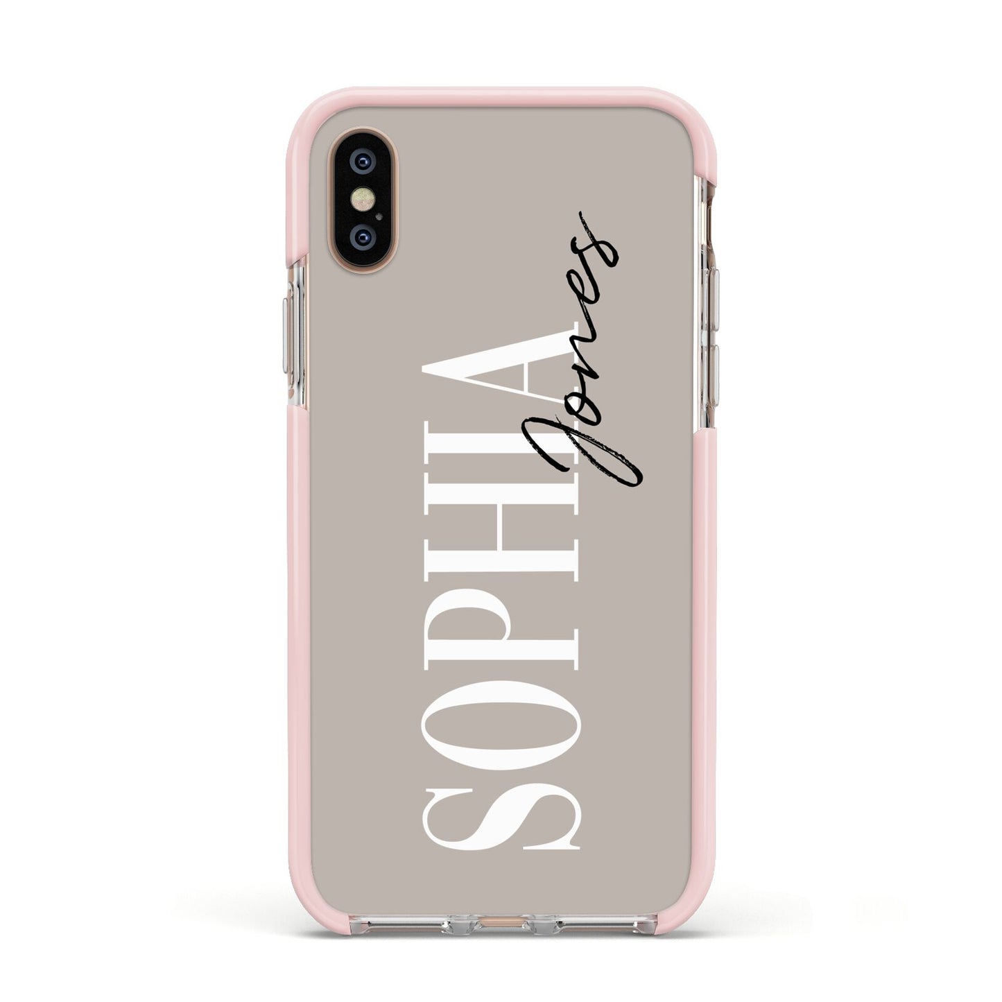 Stone Colour with Personalised Name Apple iPhone Xs Impact Case Pink Edge on Gold Phone