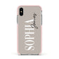 Stone Colour with Personalised Name Apple iPhone Xs Impact Case Pink Edge on Silver Phone
