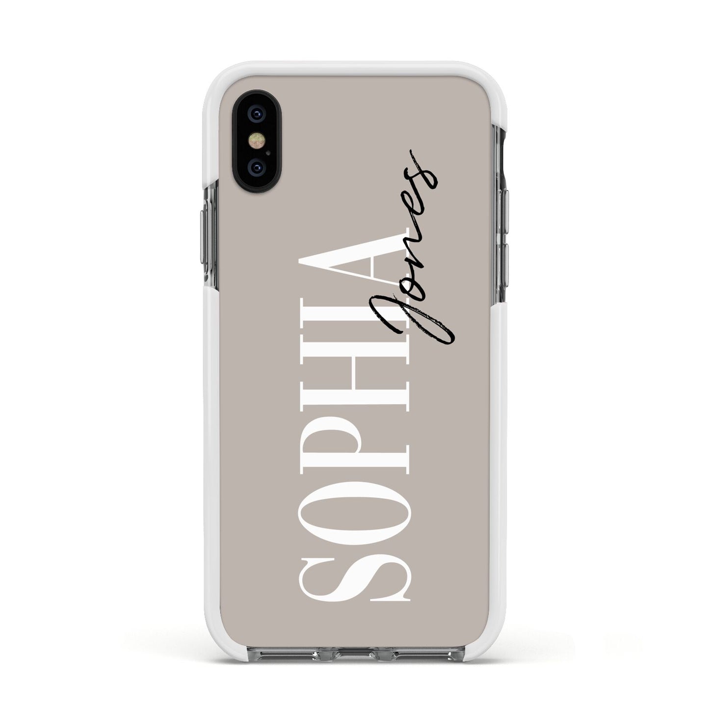 Stone Colour with Personalised Name Apple iPhone Xs Impact Case White Edge on Black Phone