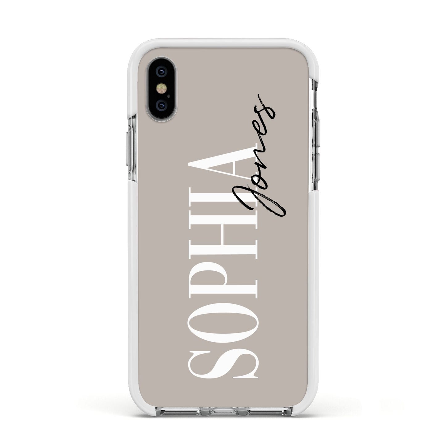 Stone Colour with Personalised Name Apple iPhone Xs Impact Case White Edge on Silver Phone