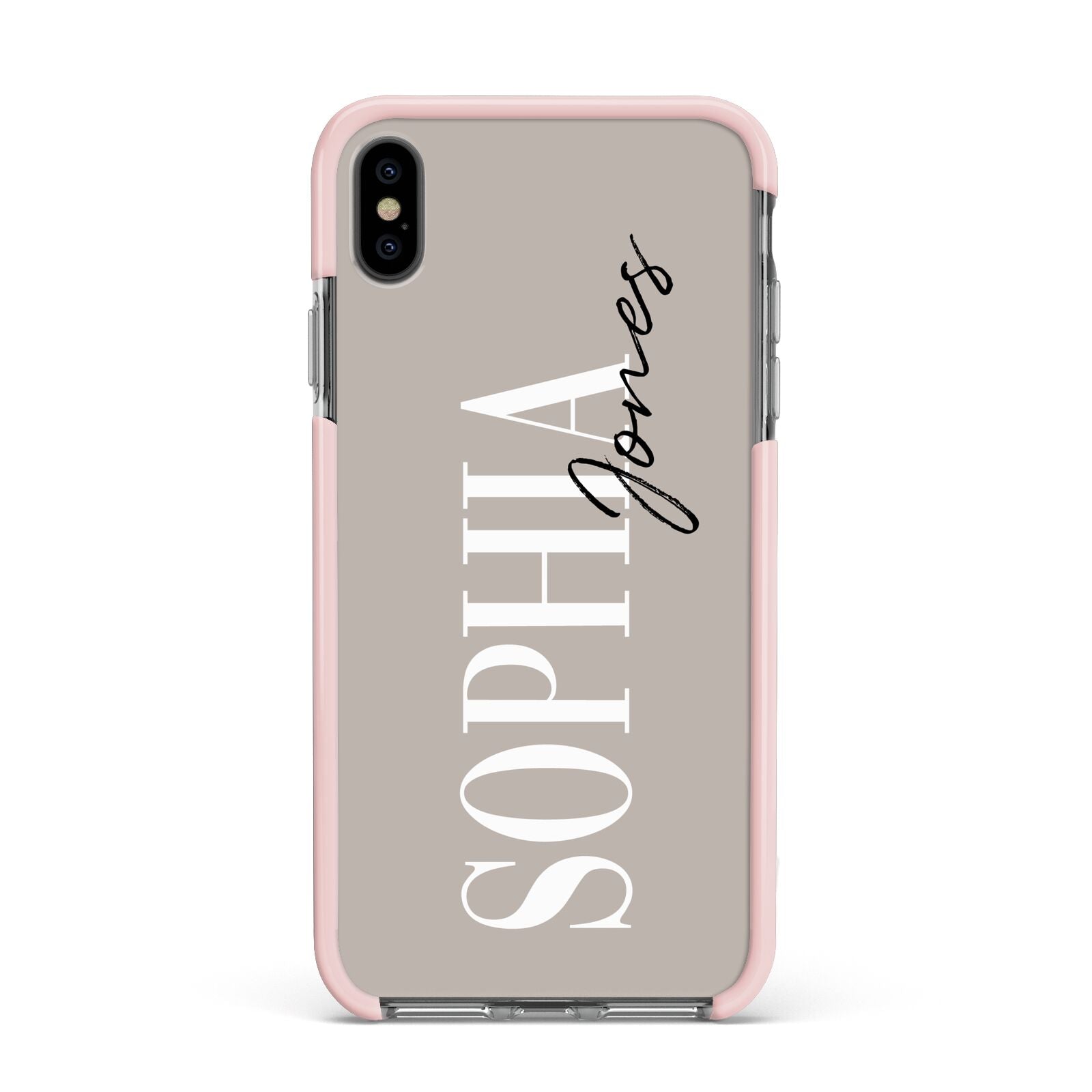 Stone Colour with Personalised Name Apple iPhone Xs Max Impact Case Pink Edge on Black Phone