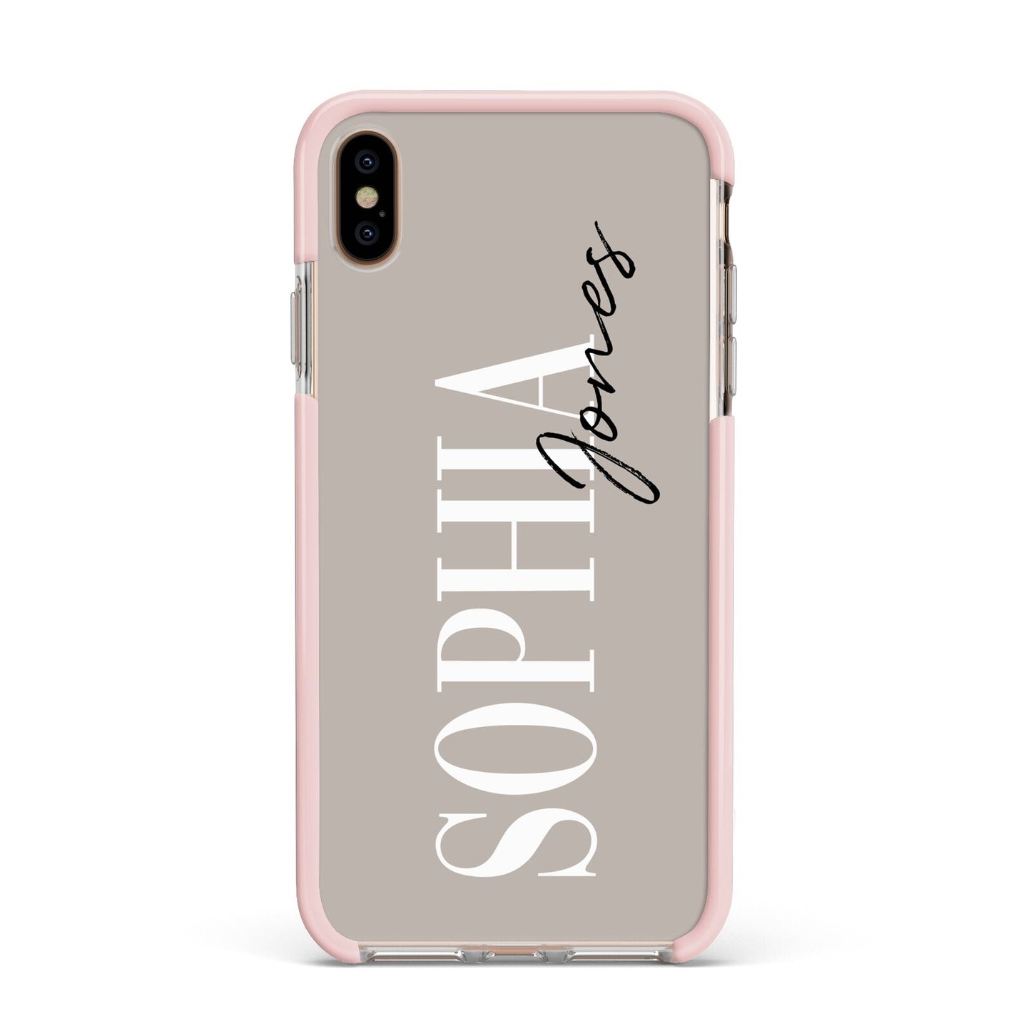 Stone Colour with Personalised Name Apple iPhone Xs Max Impact Case Pink Edge on Gold Phone