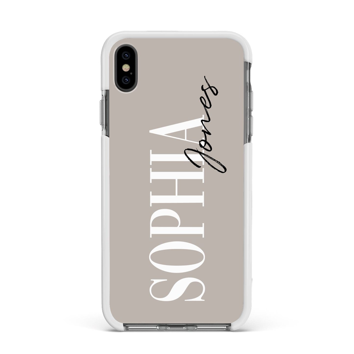 Stone Colour with Personalised Name Apple iPhone Xs Max Impact Case White Edge on Black Phone