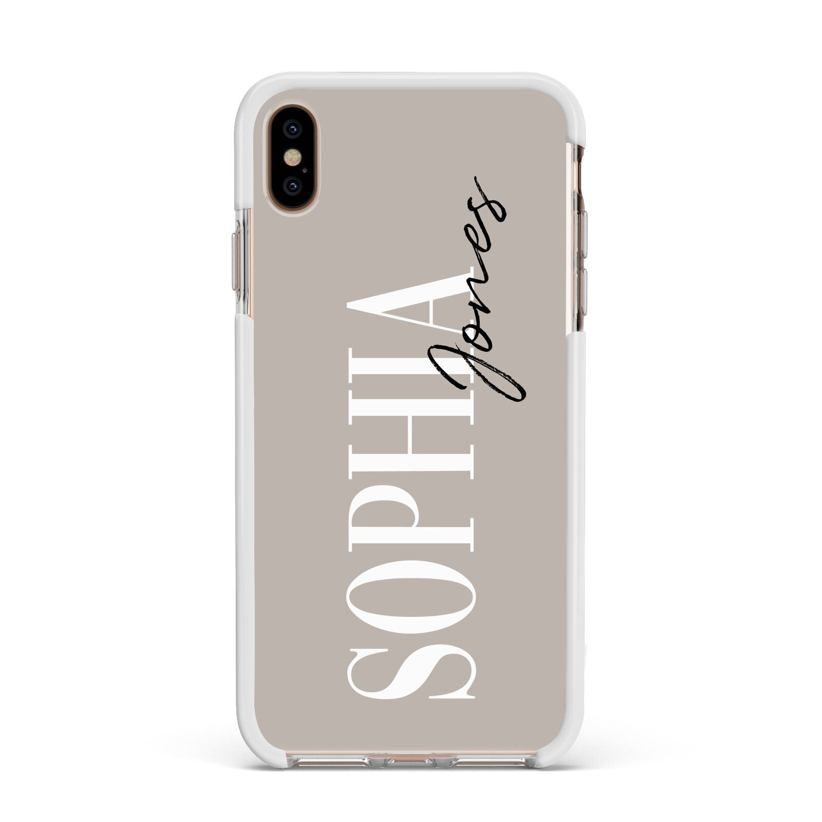 Stone Colour with Personalised Name Apple iPhone Xs Max Impact Case White Edge on Gold Phone