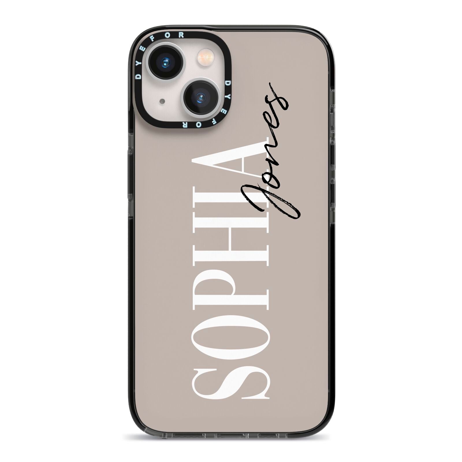 Stone Colour with Personalised Name iPhone 13 Black Impact Case on Silver phone