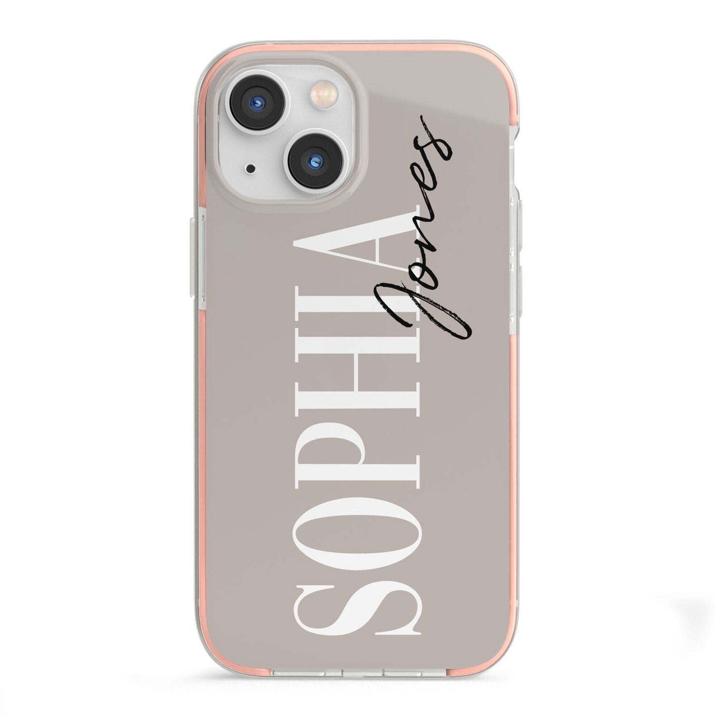 Stone Colour with Personalised Name iPhone 13 Mini TPU Impact Case with Pink Edges
