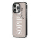 Stone Colour with Personalised Name iPhone 13 Pro Black Impact Case Side Angle on Silver phone