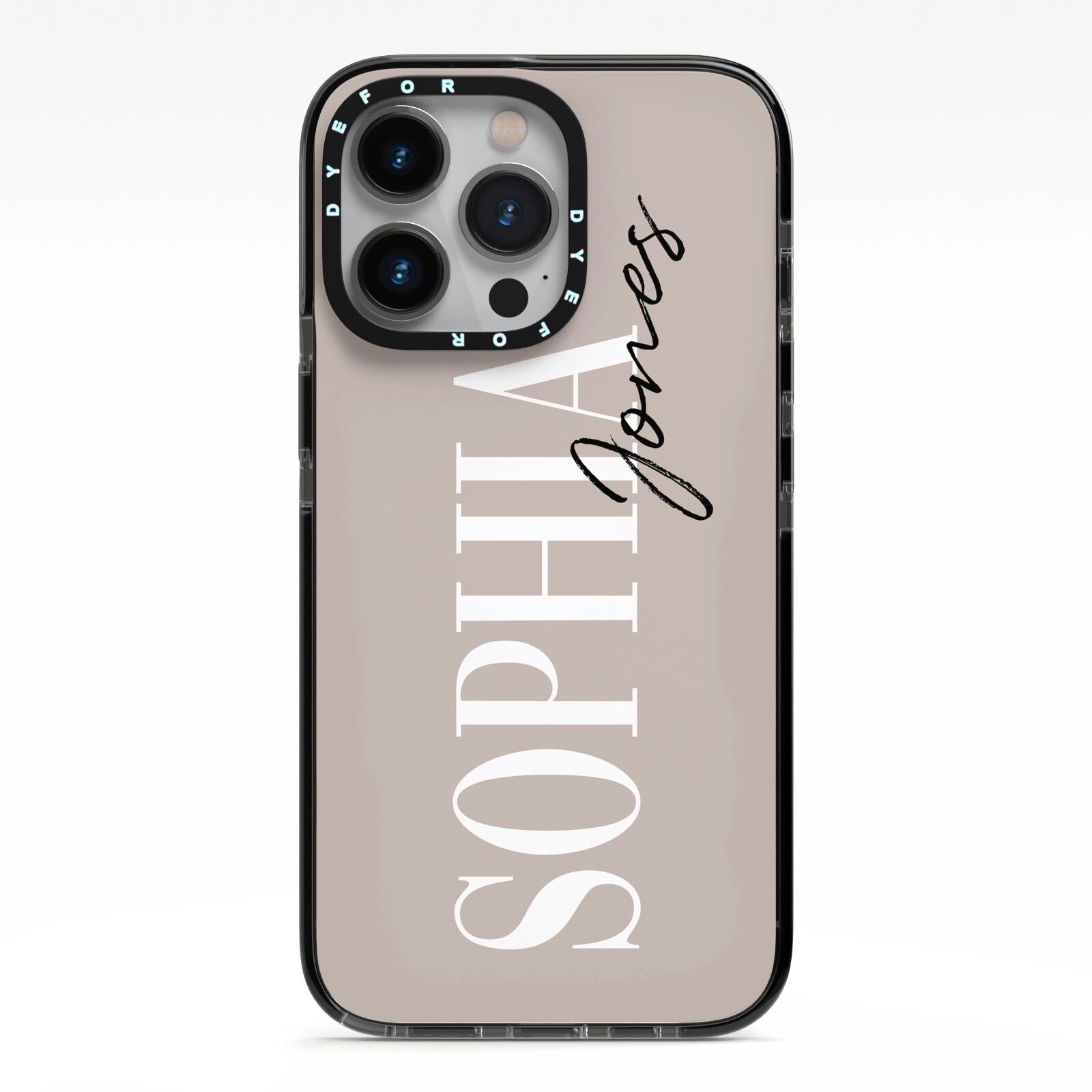Stone Colour with Personalised Name iPhone 13 Pro Black Impact Case on Silver phone
