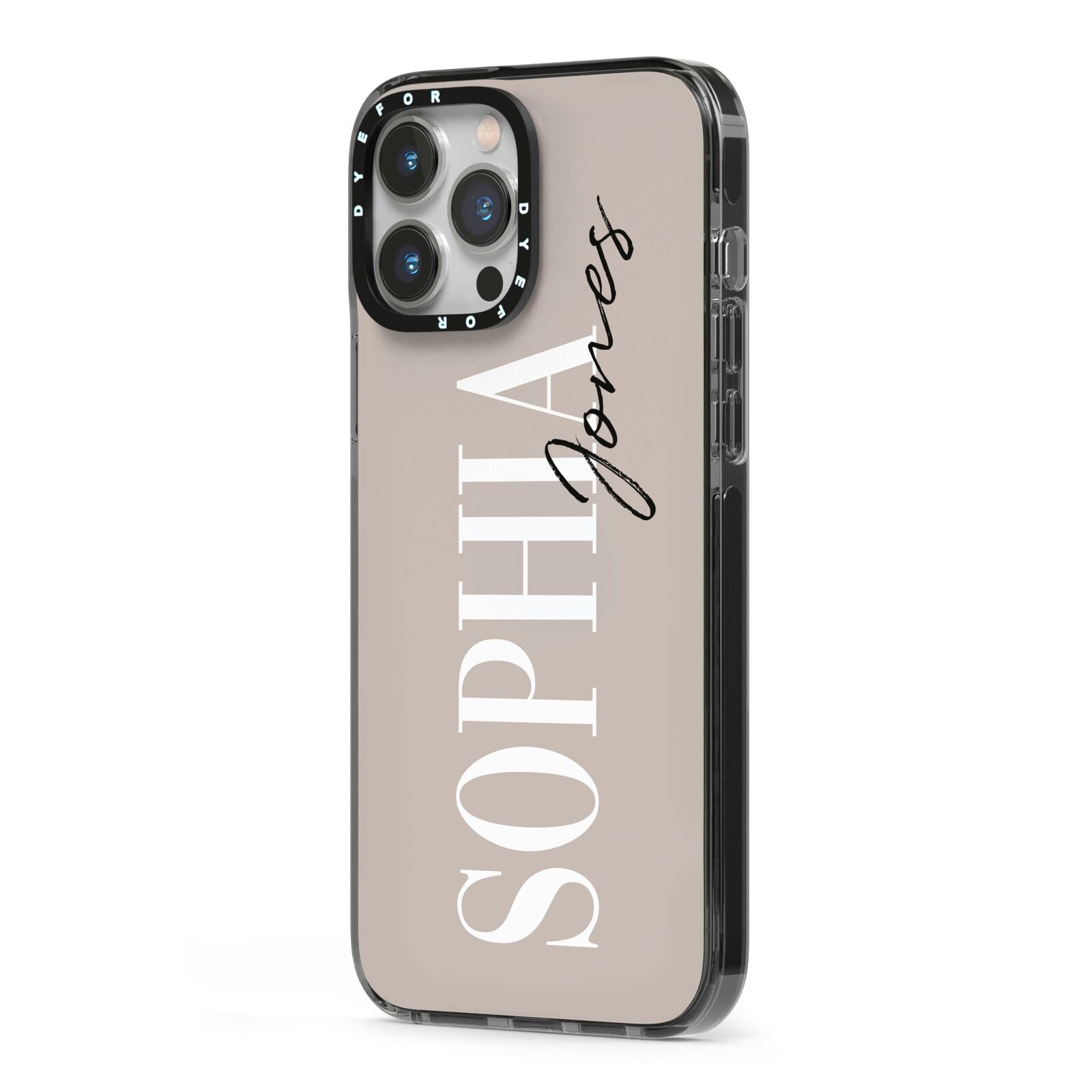 Stone Colour with Personalised Name iPhone 13 Pro Max Black Impact Case Side Angle on Silver phone