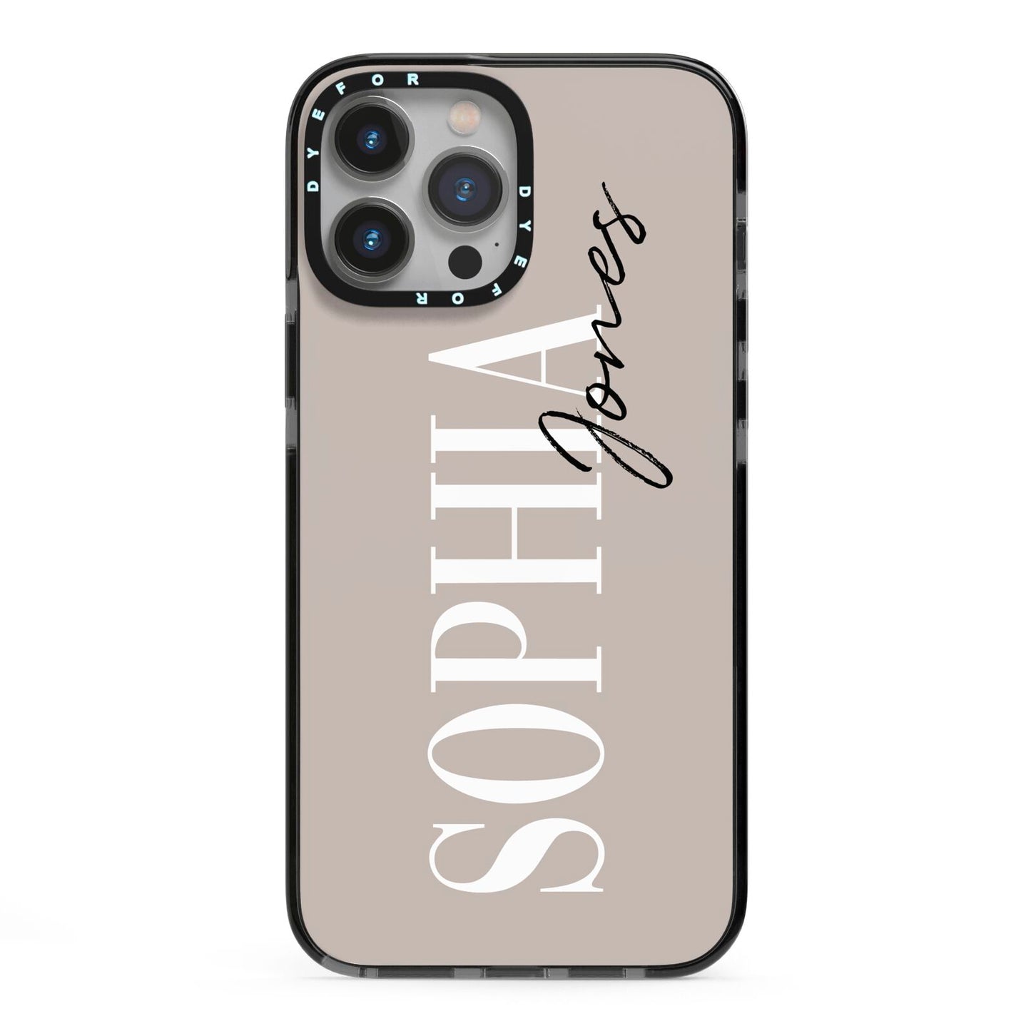 Stone Colour with Personalised Name iPhone 13 Pro Max Black Impact Case on Silver phone