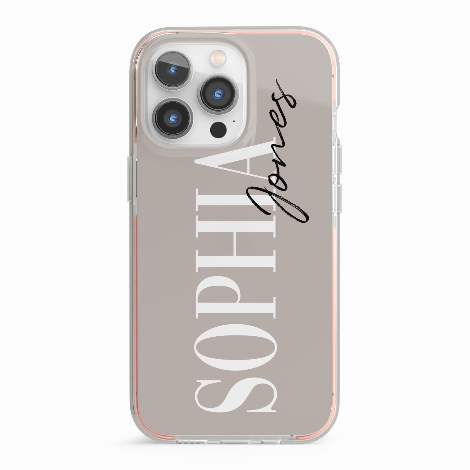 Stone Colour with Personalised Name iPhone 13 Pro TPU Impact Case with Pink Edges