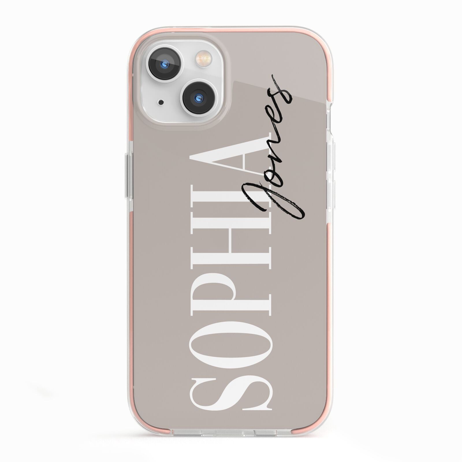 Stone Colour with Personalised Name iPhone 13 TPU Impact Case with Pink Edges