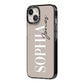 Stone Colour with Personalised Name iPhone 14 Black Impact Case Side Angle on Silver phone
