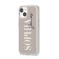Stone Colour with Personalised Name iPhone 14 Clear Tough Case Starlight Angled Image