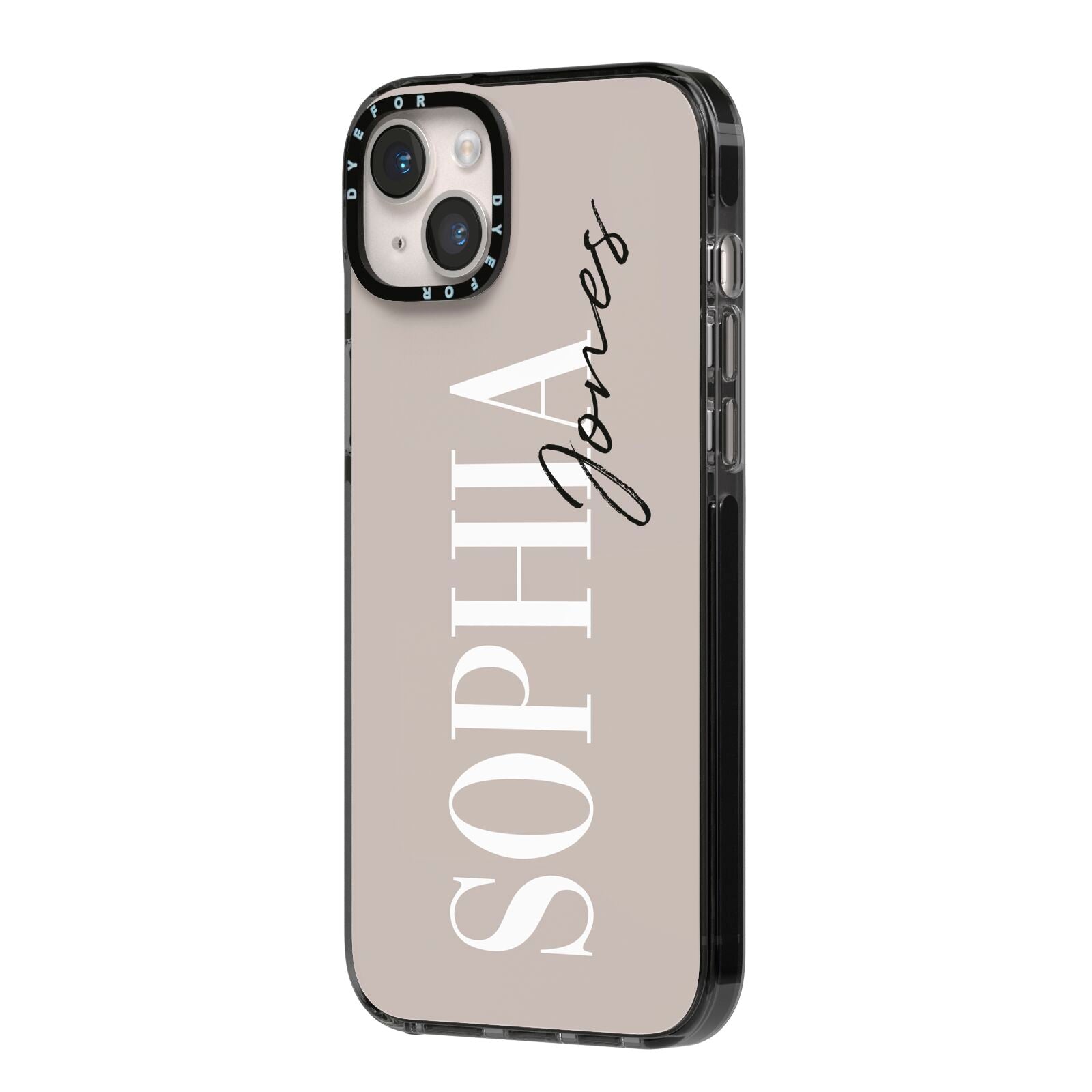 Stone Colour with Personalised Name iPhone 14 Plus Black Impact Case Side Angle on Silver phone