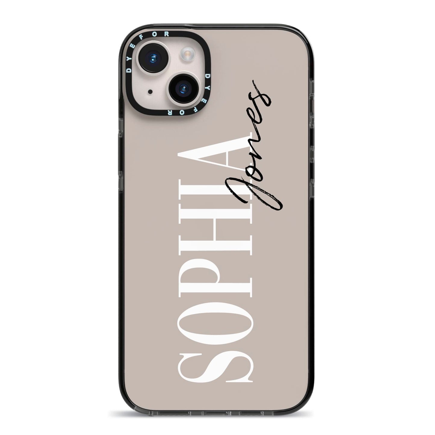 Stone Colour with Personalised Name iPhone 14 Plus Black Impact Case on Silver phone