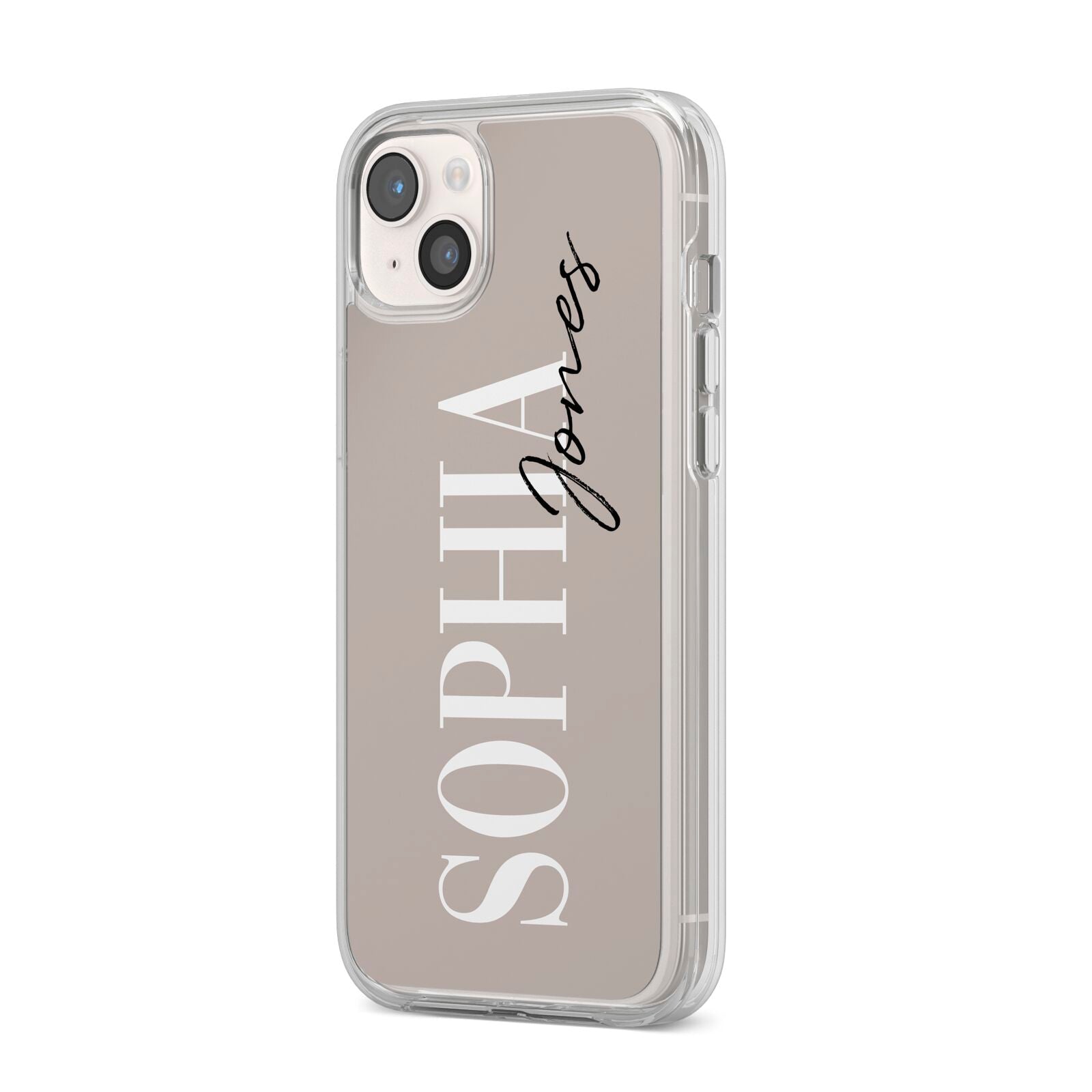 Stone Colour with Personalised Name iPhone 14 Plus Clear Tough Case Starlight Angled Image