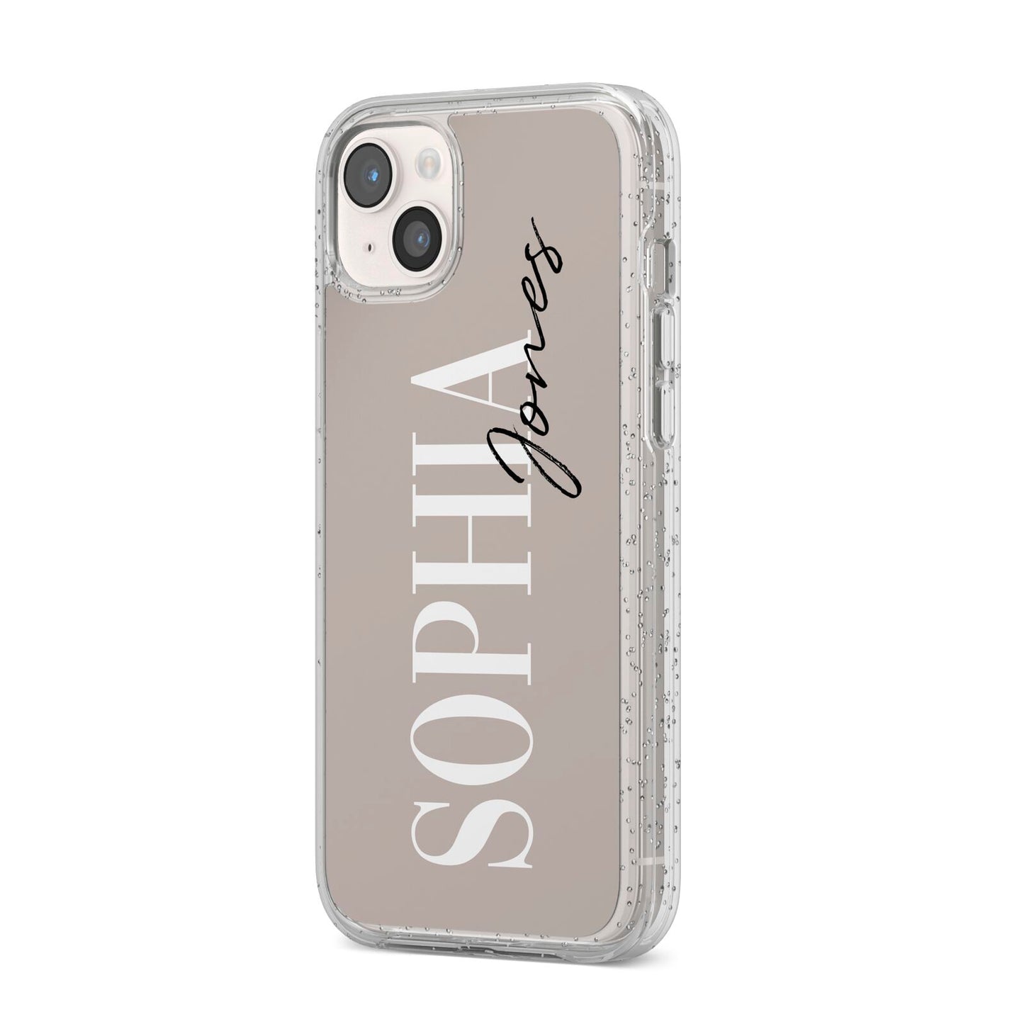 Stone Colour with Personalised Name iPhone 14 Plus Glitter Tough Case Starlight Angled Image