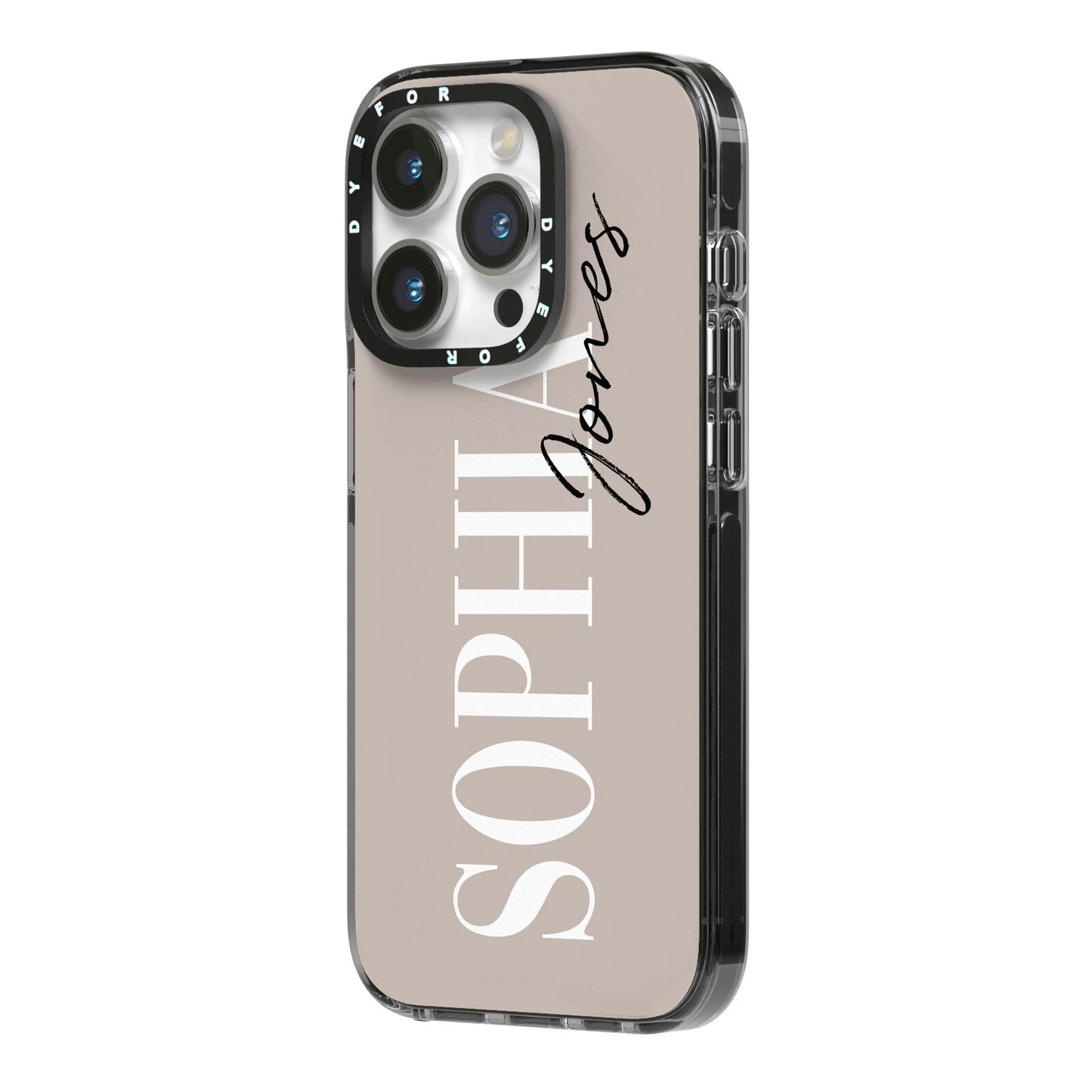 Stone Colour with Personalised Name iPhone 14 Pro Black Impact Case Side Angle on Silver phone