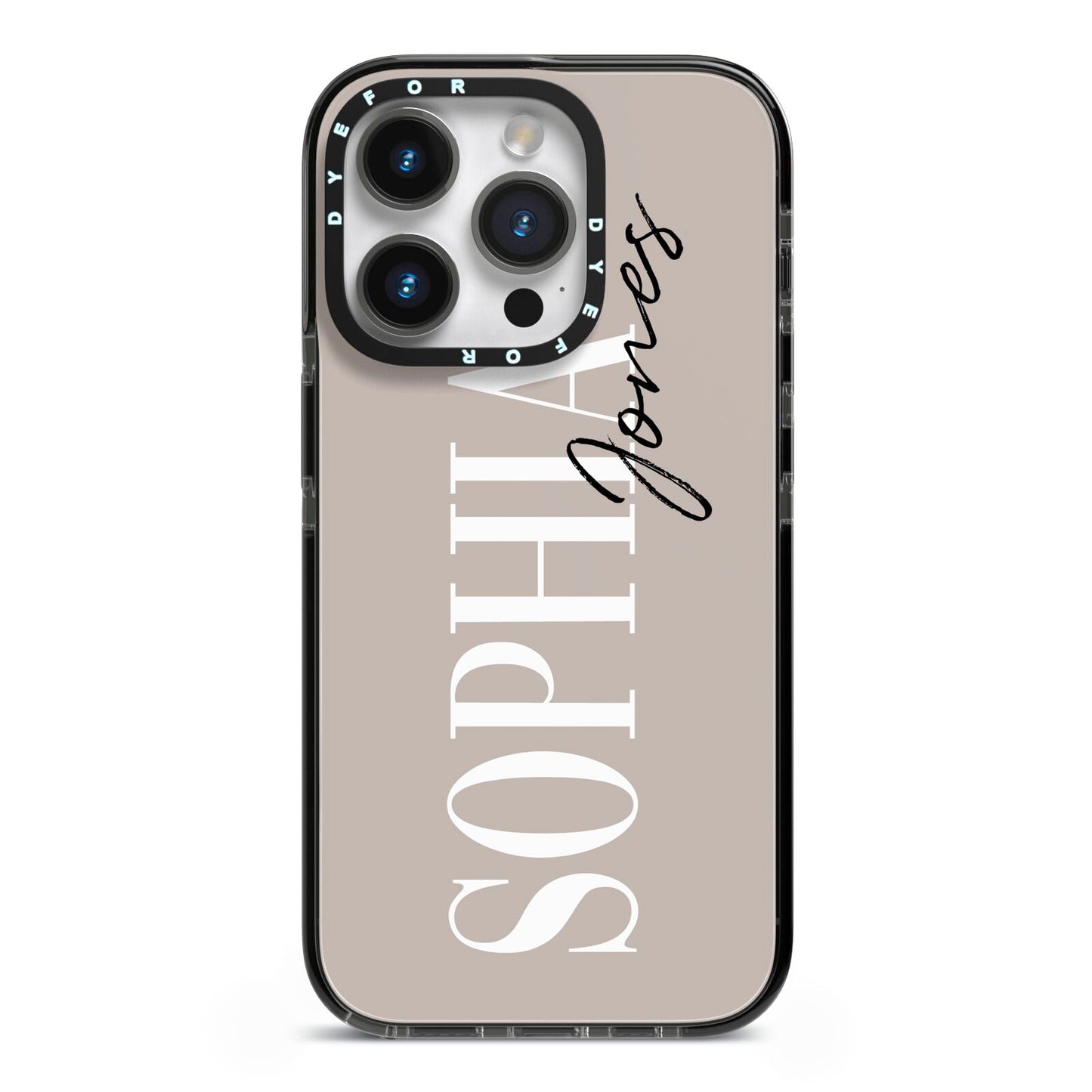 Stone Colour with Personalised Name iPhone 14 Pro Black Impact Case on Silver phone