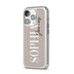 Stone Colour with Personalised Name iPhone 14 Pro Clear Tough Case Silver Angled Image