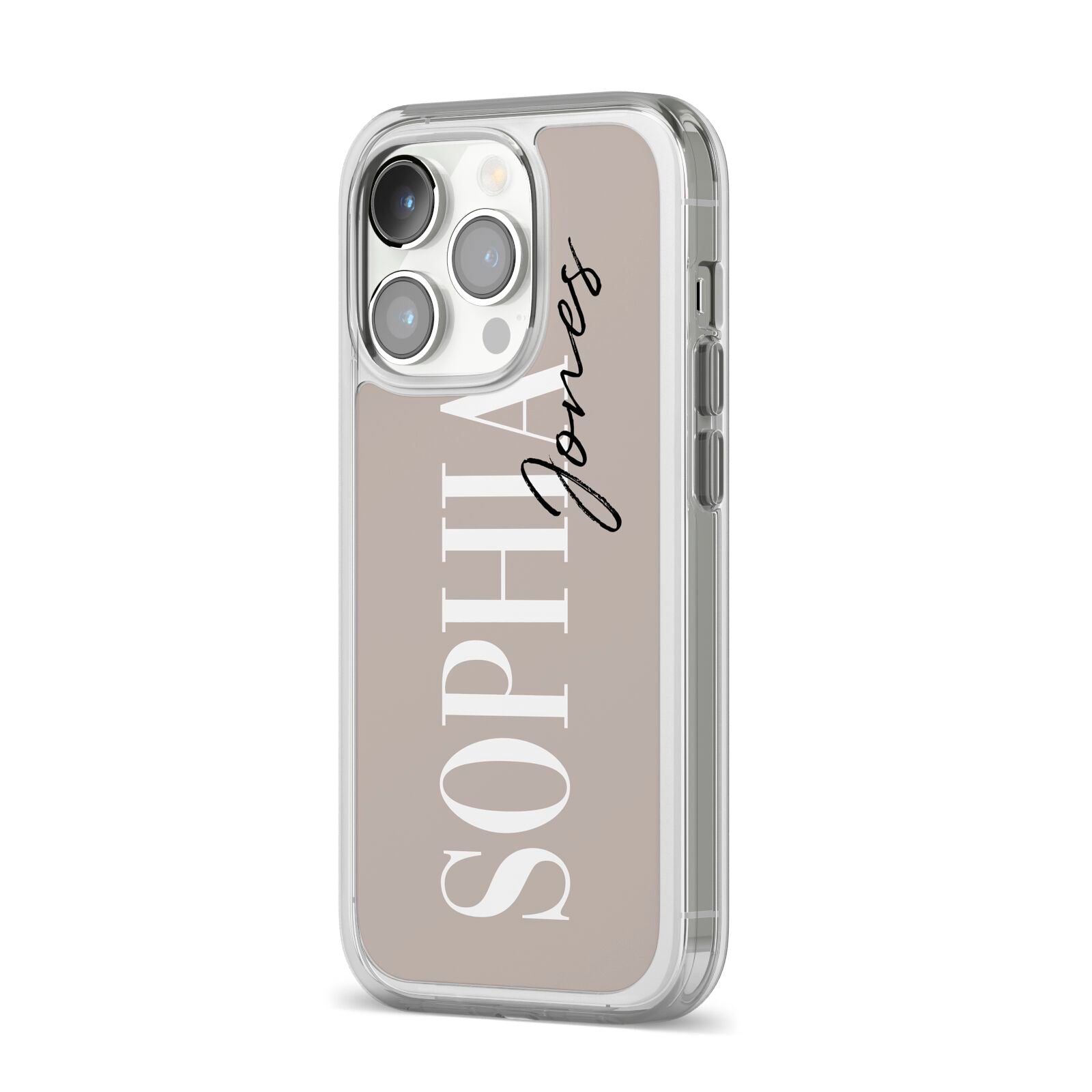 Stone Colour with Personalised Name iPhone 14 Pro Clear Tough Case Silver Angled Image