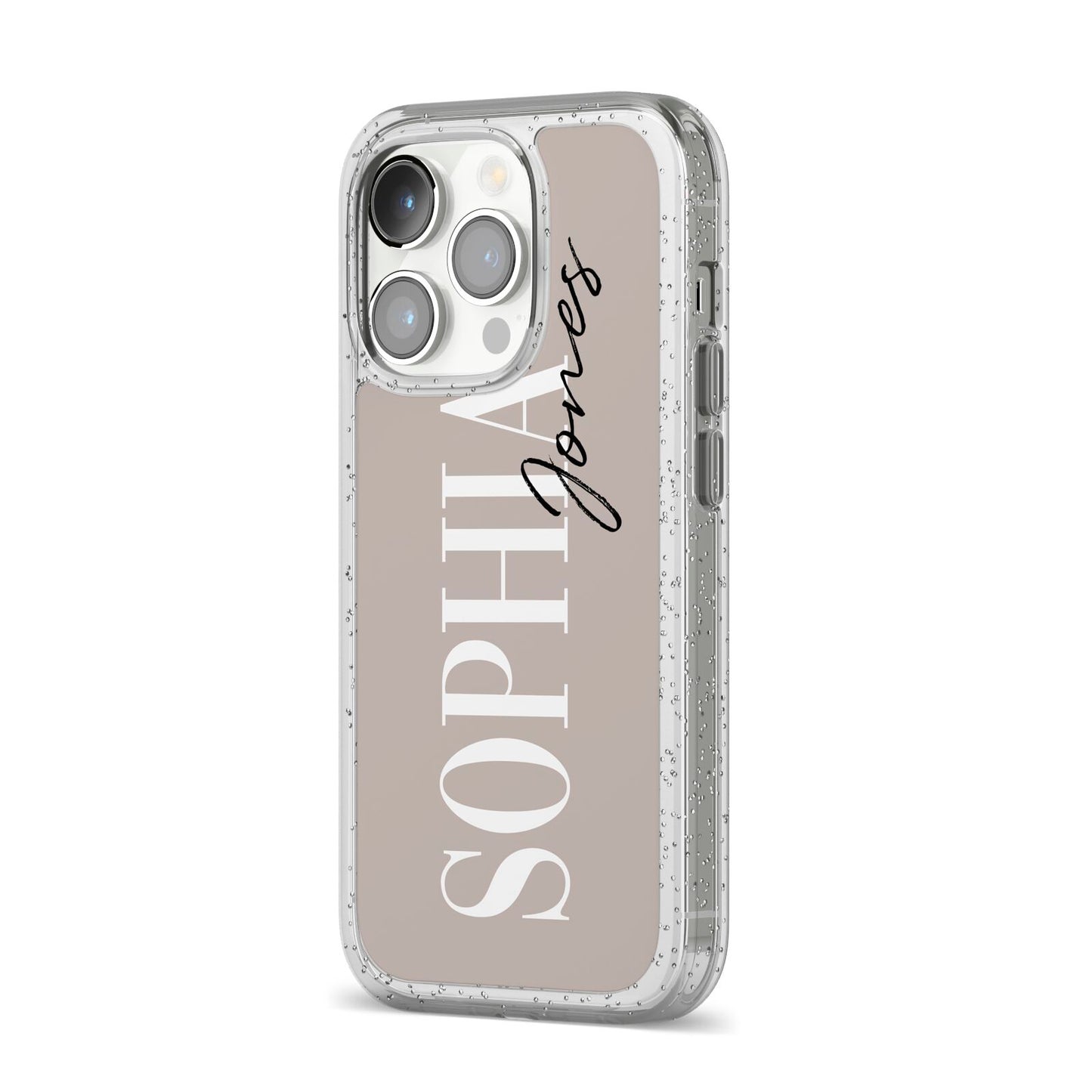 Stone Colour with Personalised Name iPhone 14 Pro Glitter Tough Case Silver Angled Image