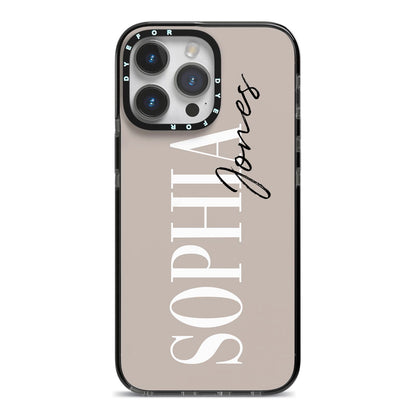 Stone Colour with Personalised Name iPhone 14 Pro Max Black Impact Case on Silver phone