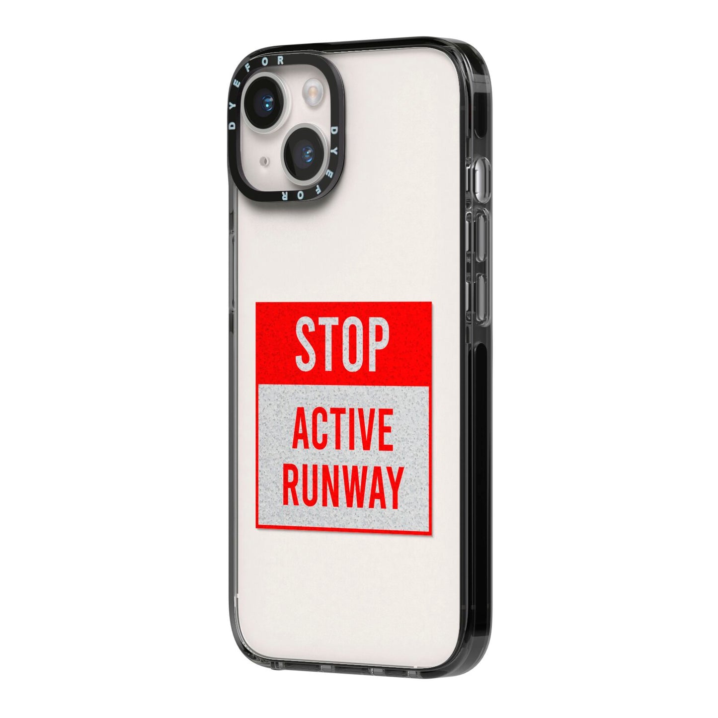 Stop Active Runway iPhone 14 Black Impact Case Side Angle on Silver phone