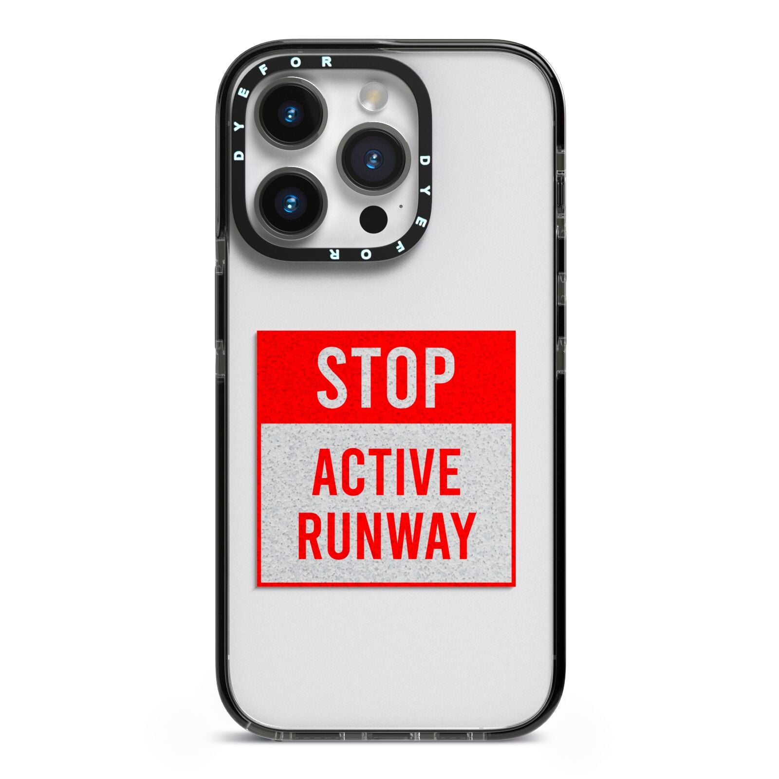Stop Active Runway iPhone 14 Pro Black Impact Case on Silver phone