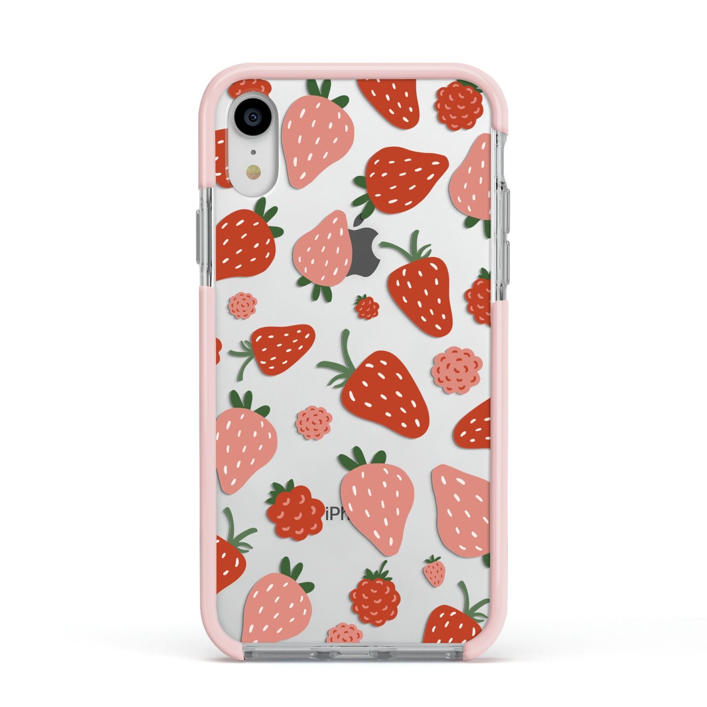 Strawberry Apple iPhone XR Impact Case Pink Edge on Silver Phone