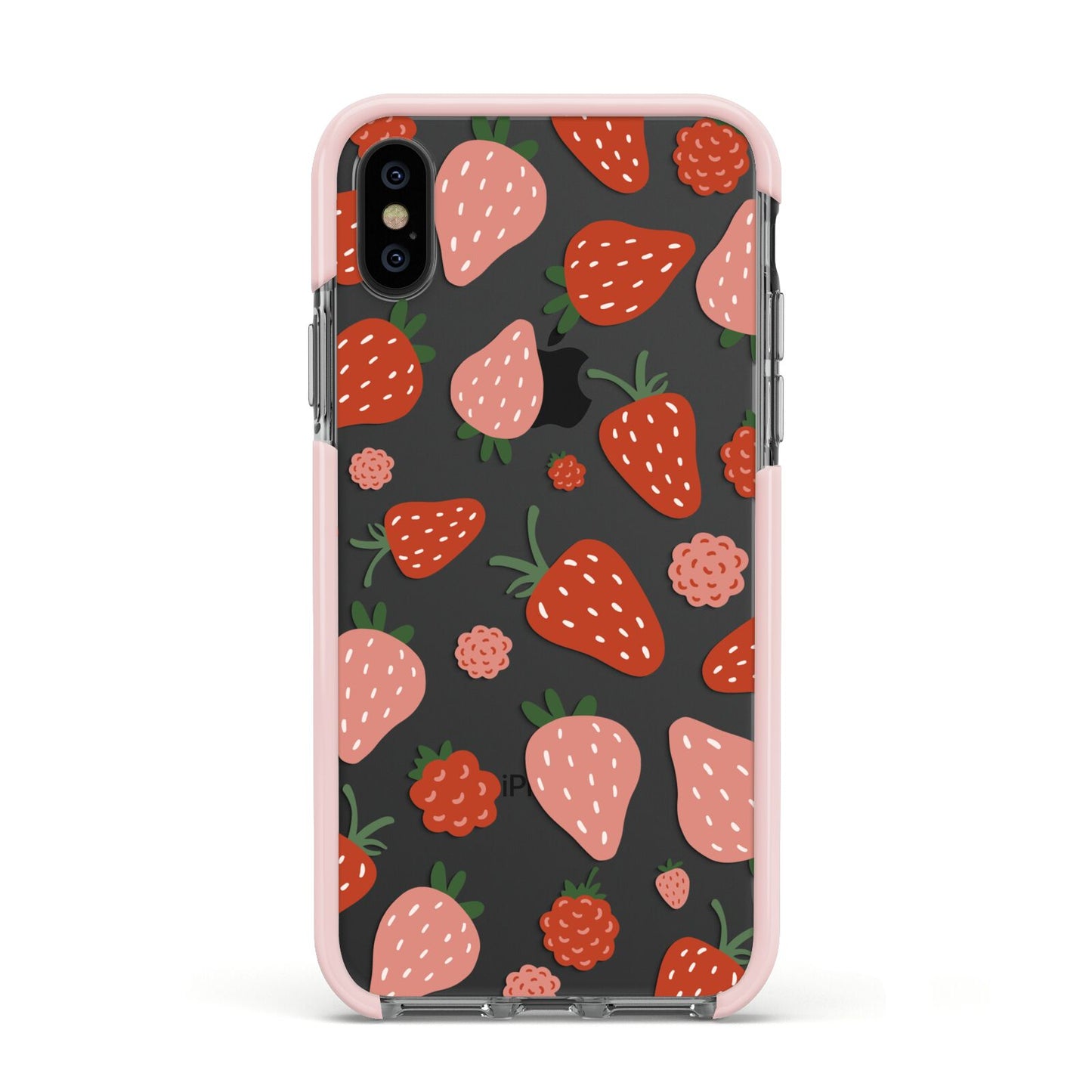 Strawberry Apple iPhone Xs Impact Case Pink Edge on Black Phone