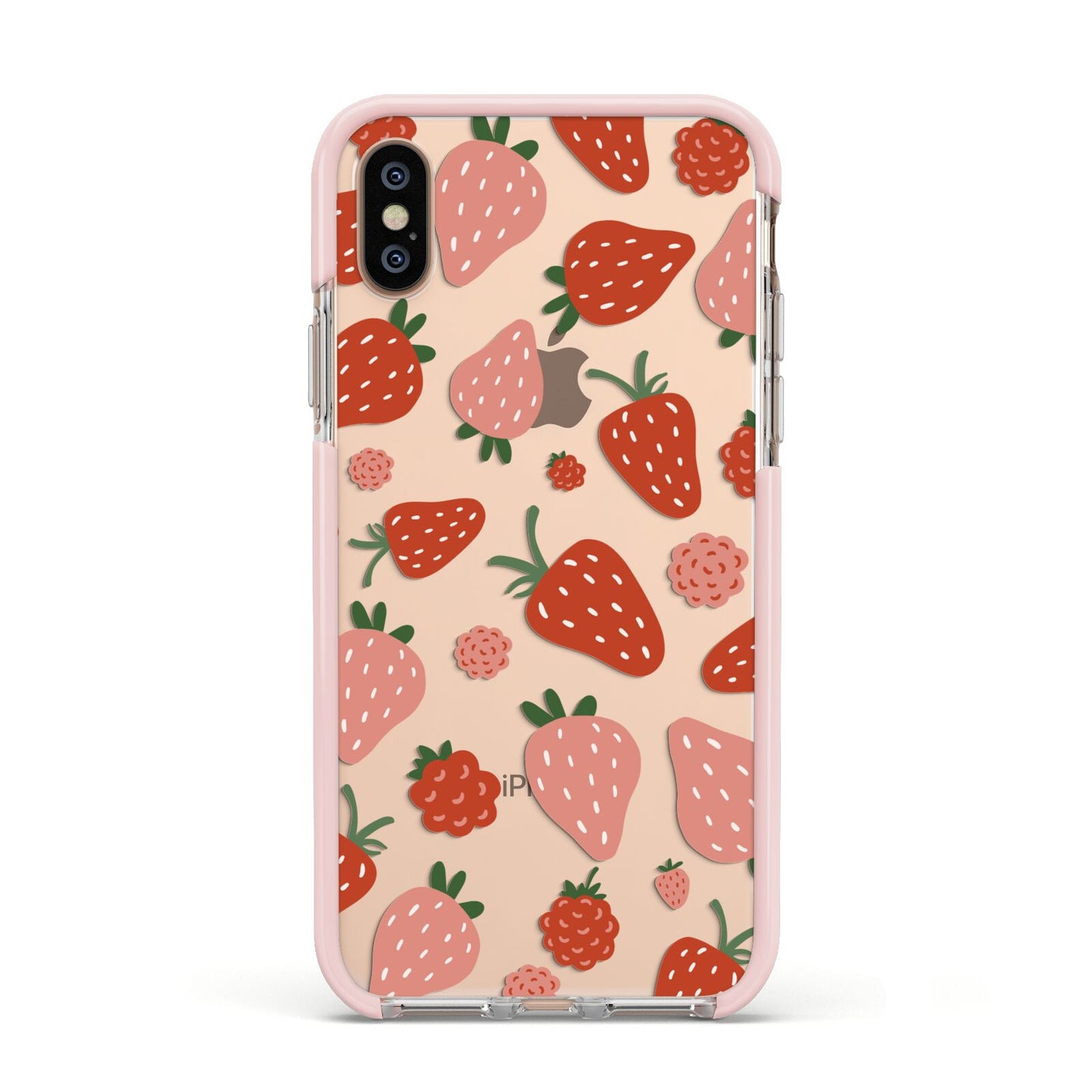 Strawberry Apple iPhone Xs Impact Case Pink Edge on Gold Phone