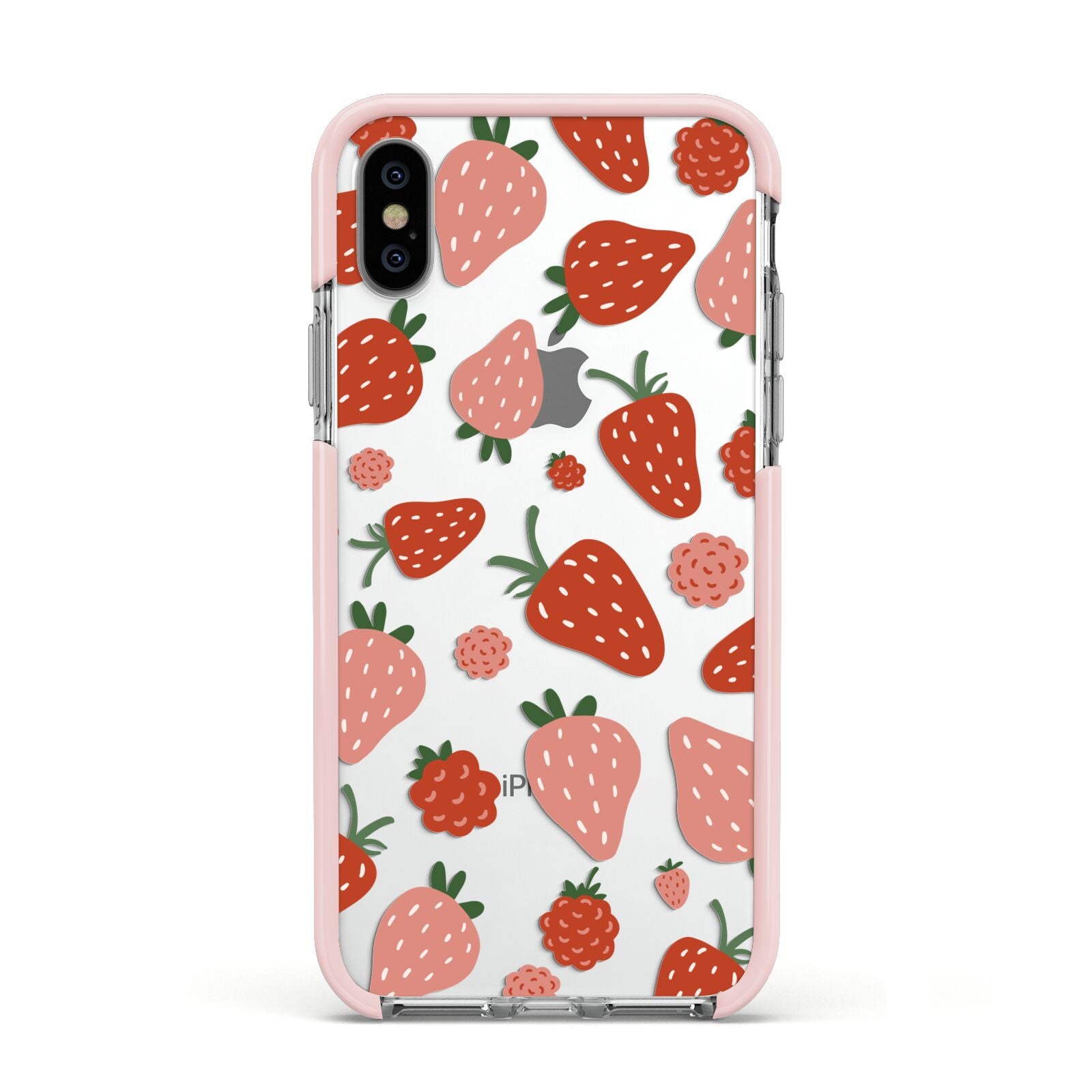 Strawberry Apple iPhone Xs Impact Case Pink Edge on Silver Phone