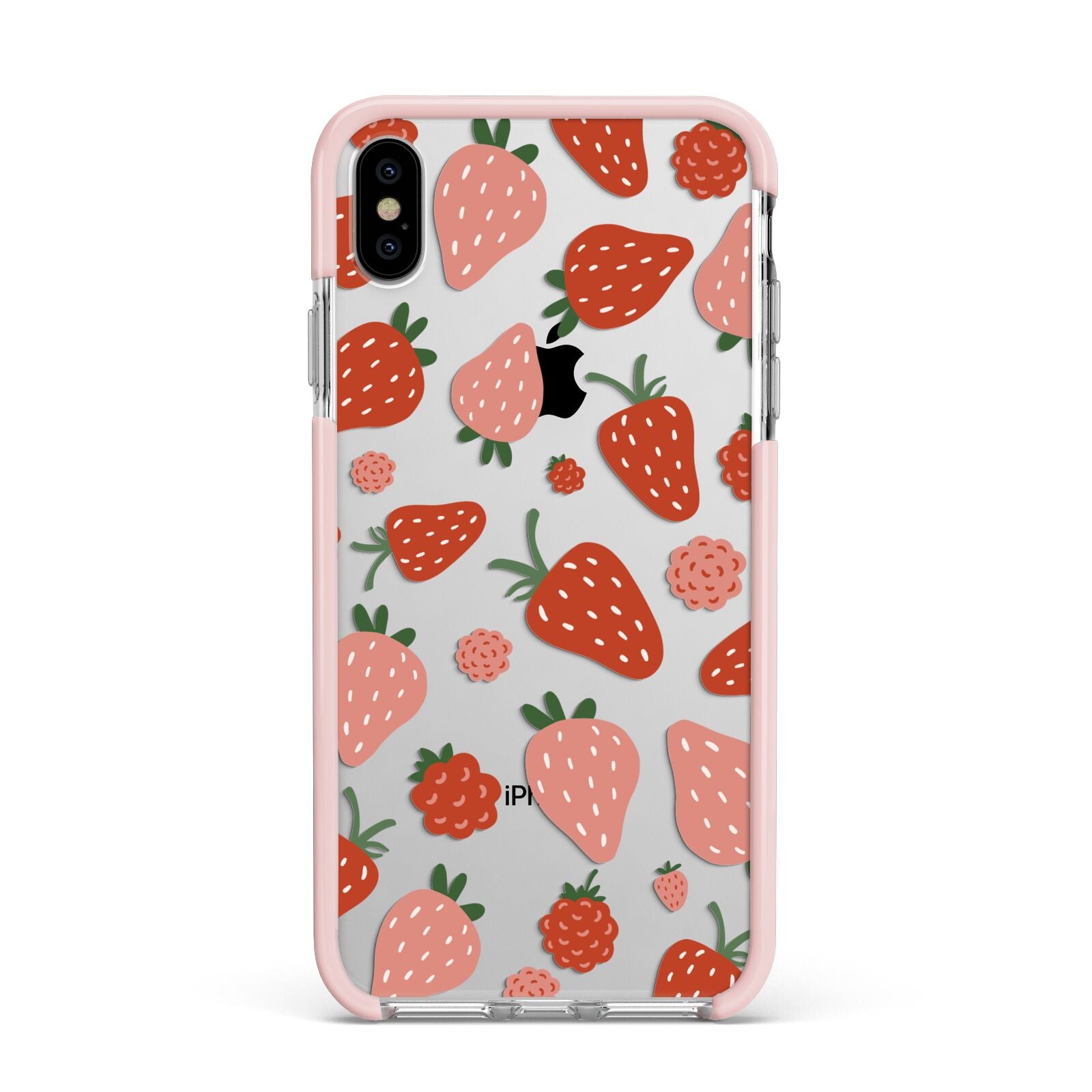 Strawberry Apple iPhone Xs Max Impact Case Pink Edge on Silver Phone