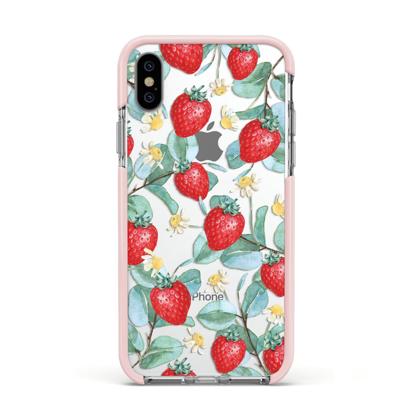 Strawberry Plant Apple iPhone Xs Impact Case Pink Edge on Silver Phone