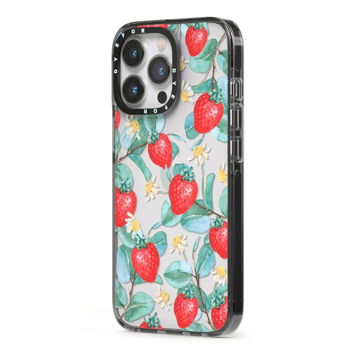 Strawberry Plant iPhone 13 Pro Black Impact Case Side Angle on Silver phone