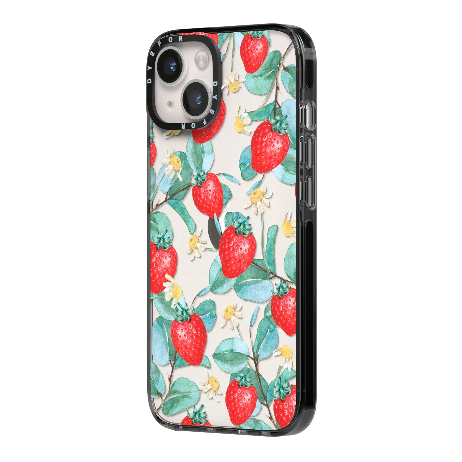 Strawberry Plant iPhone 14 Black Impact Case Side Angle on Silver phone