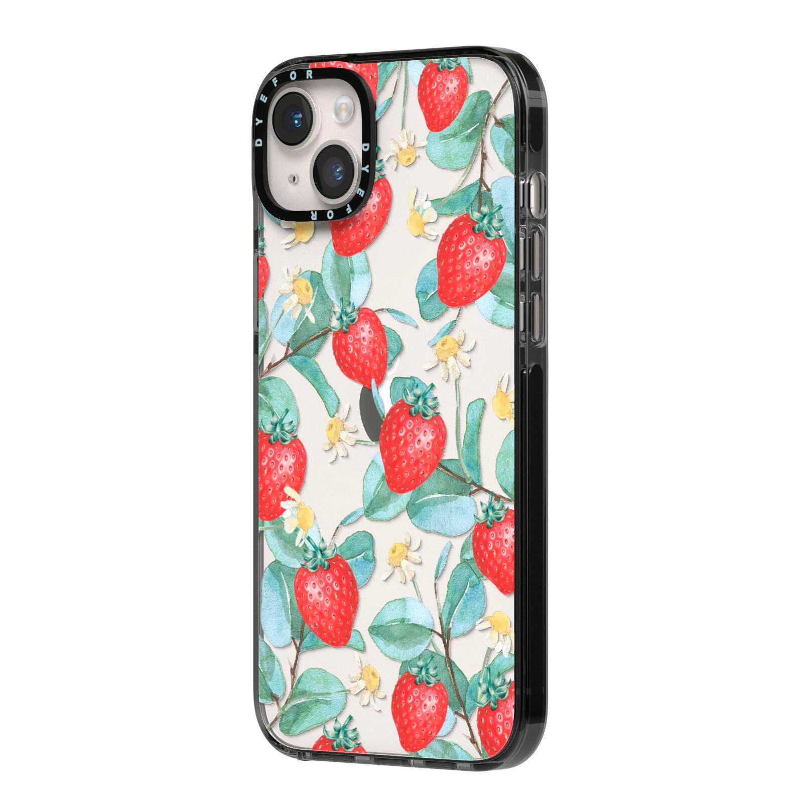 Strawberry Plant iPhone 14 Plus Black Impact Case Side Angle on Silver phone