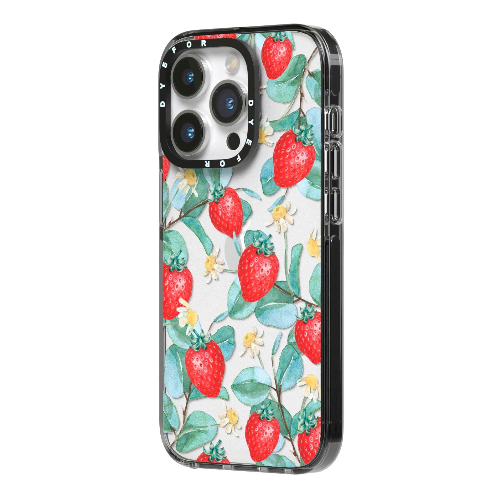 Strawberry Plant iPhone 14 Pro Black Impact Case Side Angle on Silver phone