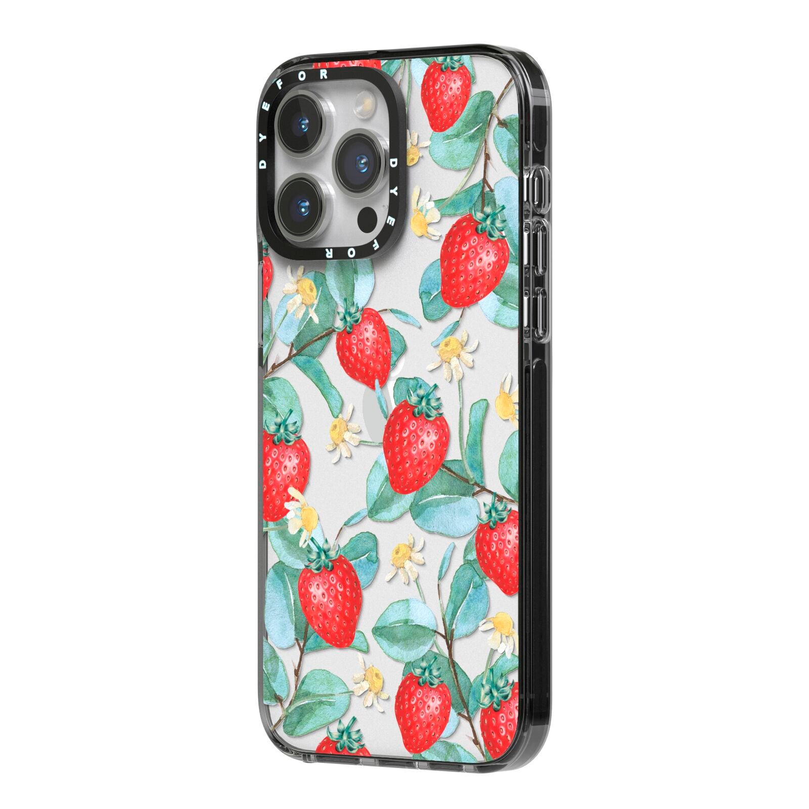Strawberry Plant iPhone 14 Pro Max Black Impact Case Side Angle on Silver phone
